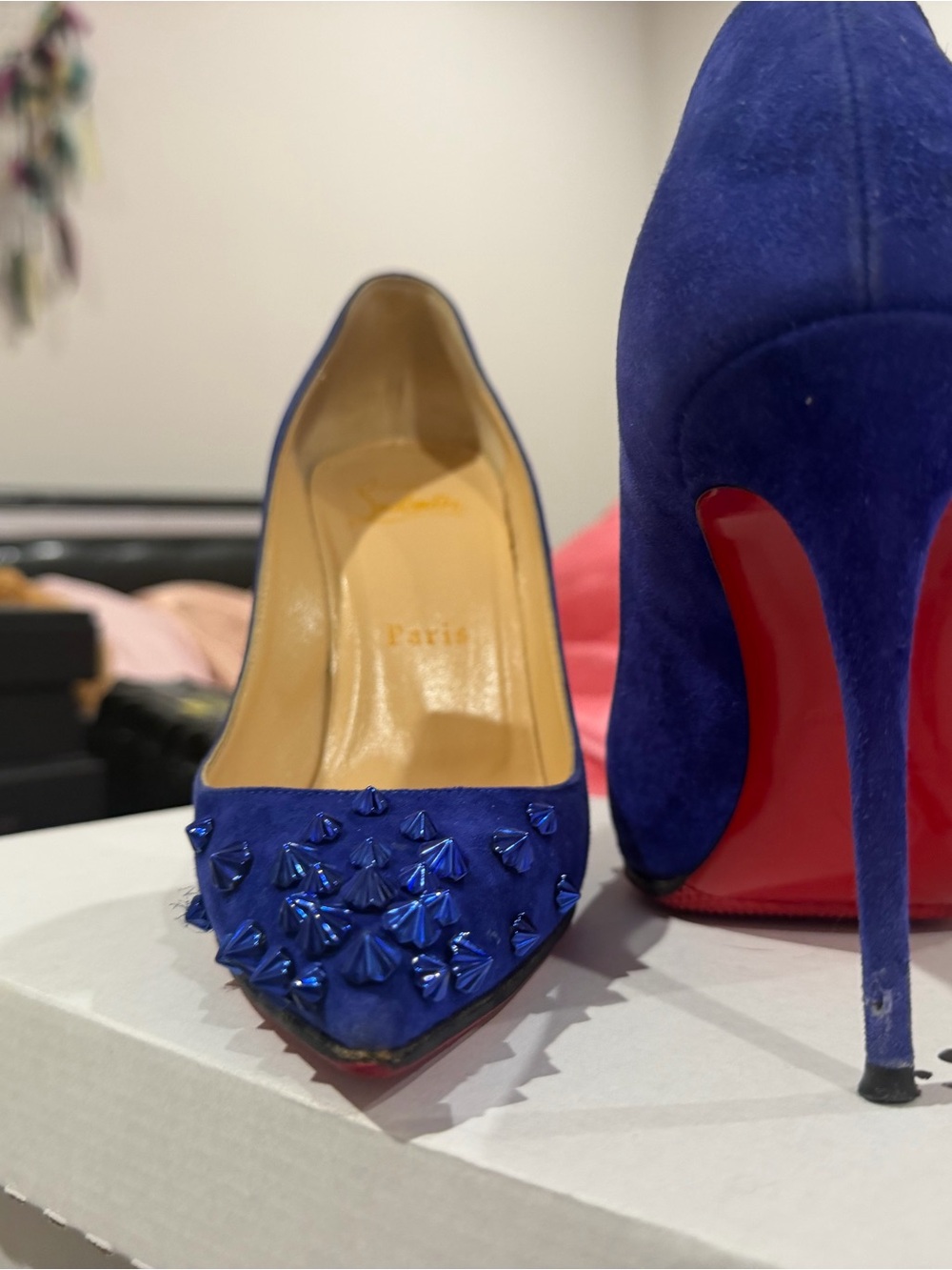 Christian Louboutin Cobalt Blue Suede Pointed Toe Studded Pumps